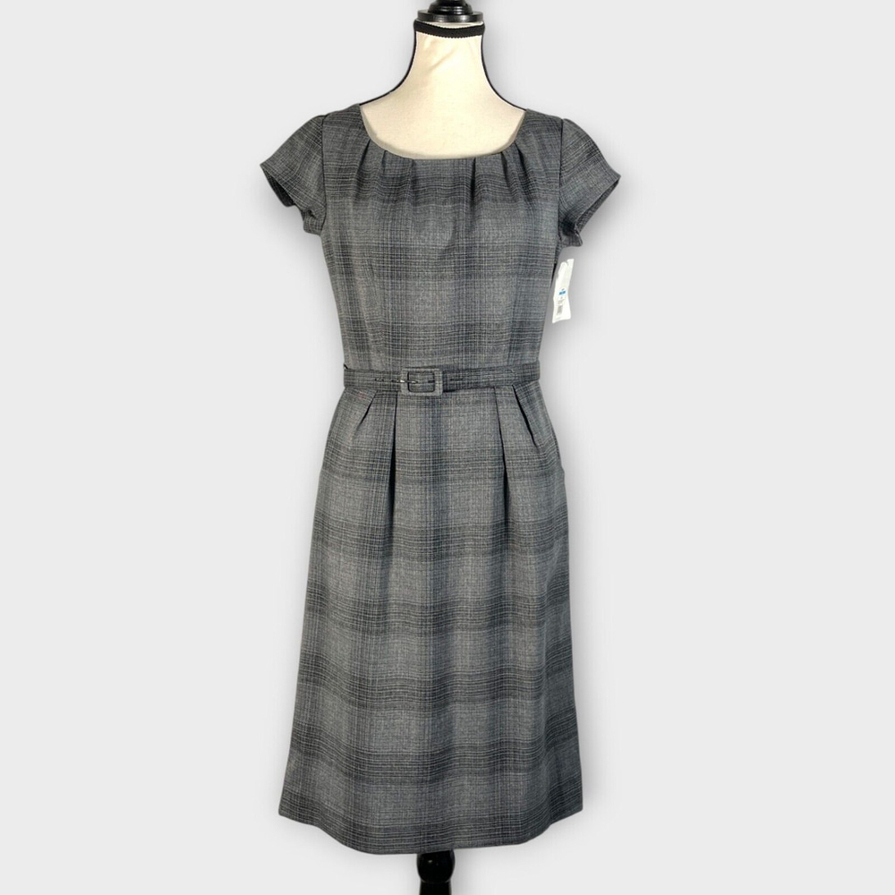🦜 MERONA Sheath Dress Womans 6 Lined Gray Plaid Belted Pockets Career NEW